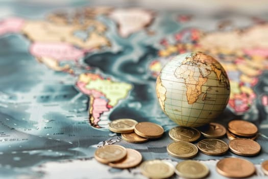 A gold coin sits on top of a pile of pennies and a globe.