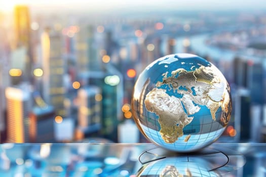 A globe is sitting on a table in front of a city skyline. The globe is made of glass and has a reflective surface. The city skyline in the background is illuminated by lights