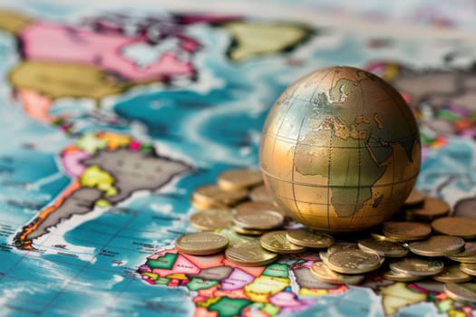 A gold coin sits on top of a pile of pennies and a globe.