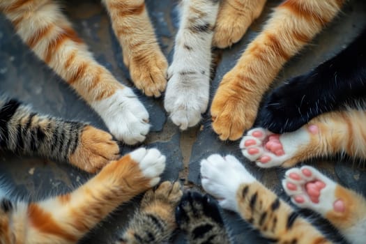 A group of cats with different colored paws are gathered in a circle. Concept of unity and togetherness among the cats, as they are all sharing the same space and interacting with each other