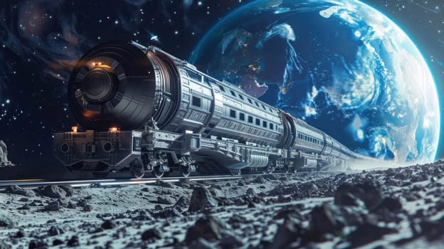 A train is traveling through space next to a planet.