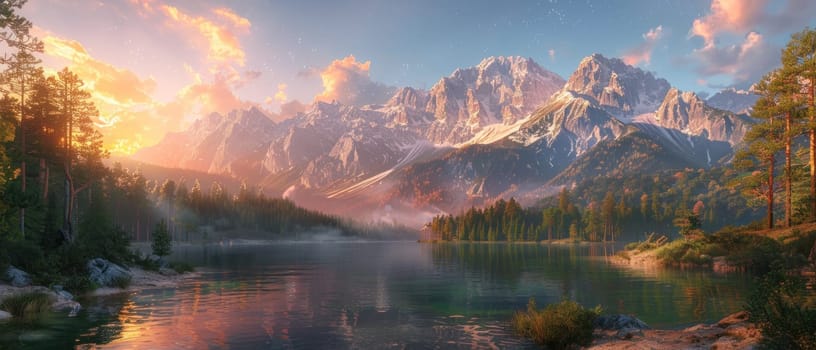 A beautiful mountain range with a lake in the foreground.