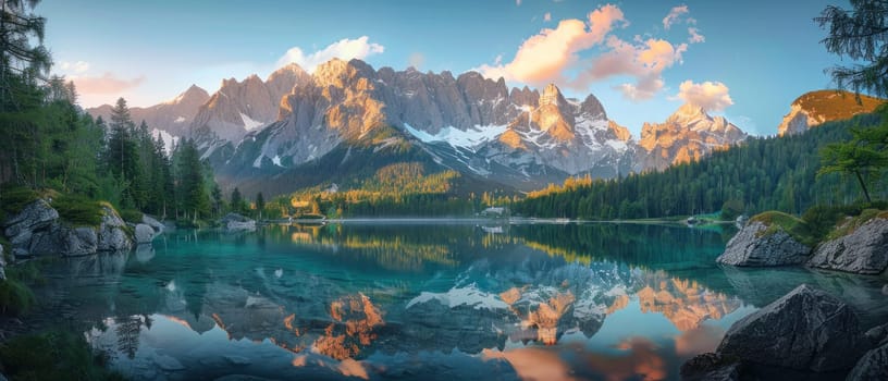 A beautiful mountain range with a lake in the foreground. The lake is calm and reflects the mountains in the distance. The sky is clear and the sun is shining brightly, creating a serene