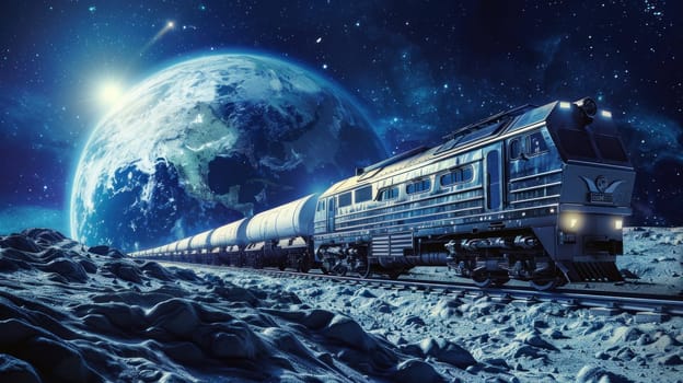 A train is traveling through space next to a planet.