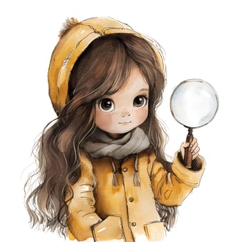 In a cartoon illustration, a little girl is happily holding a magnifying glass in her hand. She is wearing a fashionable wig as a fun gesture in the artwork