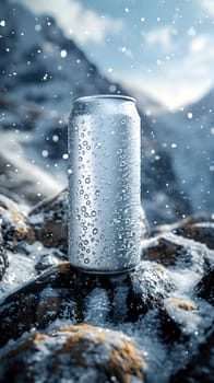 A can of soda sits on a snowcovered rock in a freezing landscape, beneath a cloudy sky with a mountain and an ice cap in the distance