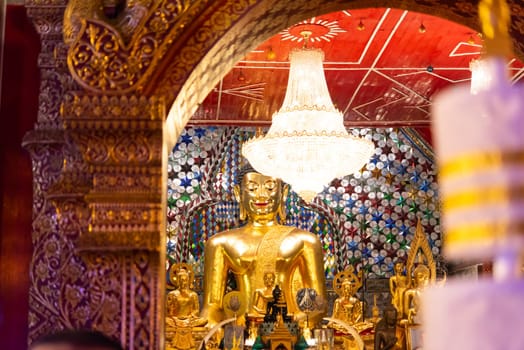 Chiang Mai, Thailand - January 8, 2022 : Wat Phra That Doi Suthep at night time is buddhist temple (wat) in Chiang Mai province. Within the site are pagodas, statues, bells, a museum, and shrines.