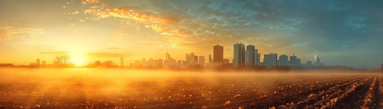 Farmers Tending to Crops in a Fertile Field with Soft Sunrise The gentle blur of workers and land suggests the timeless rhythm of agriculture. Urban Skyline Overlooking Bustling Financial District.