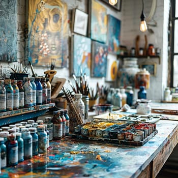 Soft Focus on a Vibrant Art Studio Brimming with Creativity and Color, The blurred edges of art pieces and supplies convey the messy beauty of artistic endeavor.