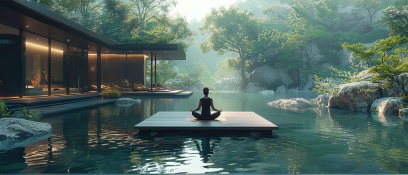 Peaceful Yoga Retreat in Nature with Soft Edges of Serenity, The gentle blend of nature and poses suggests the pursuit of wellness and mindfulness.