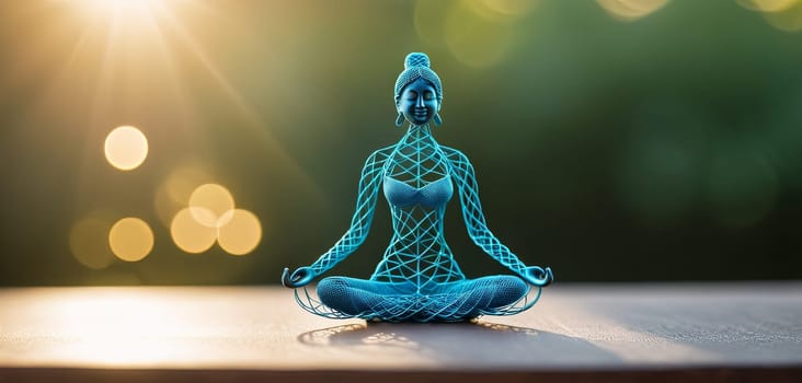 Woman in yoga pose, bent wire figure on nature backdrop, Creative figures symbol of tranquility, art and serenity intersection