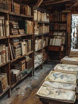 Vintage Bookstore with Antique Maps of the World Fading into Shelves, Blurred edges of ancient maps hint at historical exploration and literary charm.