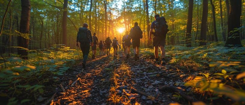 Nature Hiking Trail with Families Enjoying a Weekend Walk, The blur of movement amid greenery suggests the active pursuit of outdoor recreation.