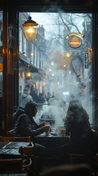 Cozy Coffee House Corner with Blurred Patrons and Steamy Mugs, The hazy warmth of the interior invites contemplation and community.