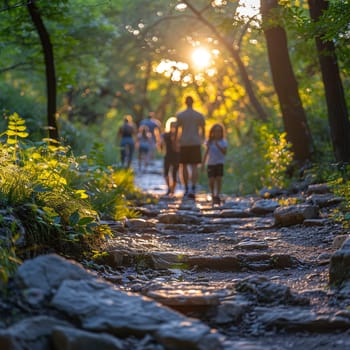 Nature Hiking Trail with Families Enjoying a Weekend Walk, The blur of movement amid greenery suggests the active pursuit of outdoor recreation.