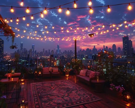 Casual Rooftop Party with City Views and Friends Gathering, The soft lights and distant skyline suggest the relaxed ambiance of social connections.