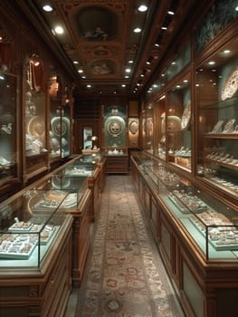 Upmarket Jewelry Store with Precious Gems in Elegant Disarray, The soft shimmer of jewels and glass cases suggests refinement and high-value transactions.