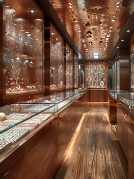Upmarket Jewelry Store with Precious Gems in Elegant Disarray, The soft shimmer of jewels and glass cases suggests refinement and high-value transactions.