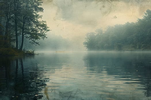 Quiet Morning at a Lakeside Fishing Spot with Mist Rising Off the Water, The soft haze over the water evokes a sense of peace and early-morning solitude.
