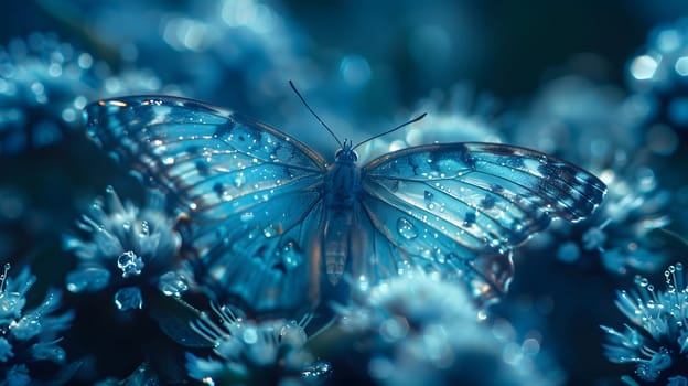 a blue butterfly is sitting on a blue flower . High quality