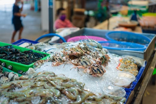 Fresh raw sea flower crab (portunus pelagicus) premium grade display for sale at seafood market or Thai street food use for cook steamed blanched crab