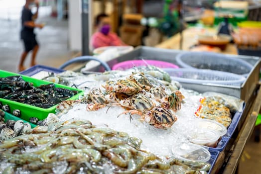 Fresh raw sea flower crab (portunus pelagicus) premium grade display for sale at seafood market or Thai street food use for cook steamed blanched crab