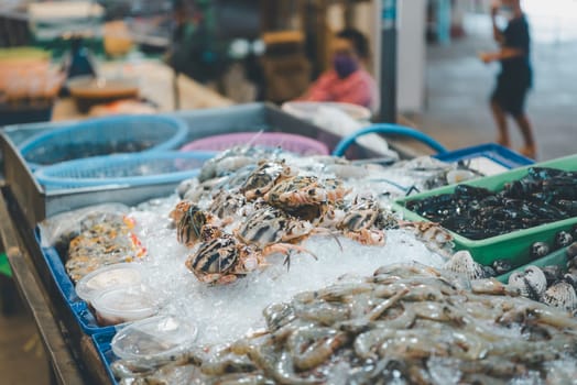 Fresh raw sea flower crab (portunus pelagicus) premium grade display for sale at seafood market or Thai street food use for cook steamed blanched crab