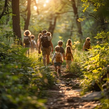 Nature Hiking Trail with Families Enjoying a Weekend Walk, The blur of movement amid greenery suggests the active pursuit of outdoor recreation.