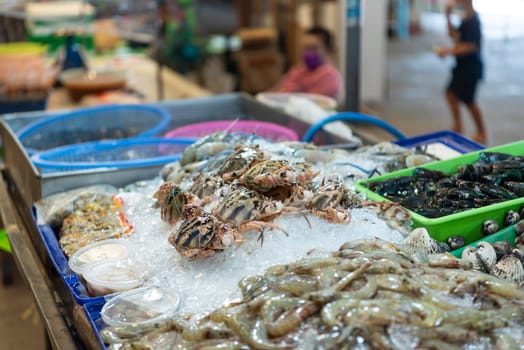 Fresh raw sea flower crab (portunus pelagicus) premium grade display for sale at seafood market or Thai street food use for cook steamed blanched crab