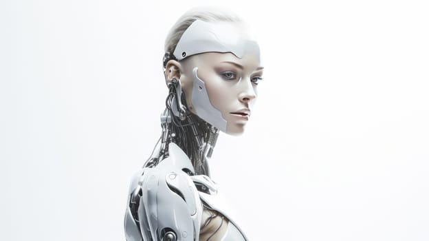 Robot cyborg woman girl on a white background with artificial intelligence. Internet and digital technologies. Global network. Integrating technology and human interaction. Chat bot. Digital technologies of the future