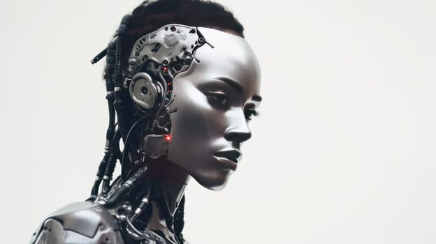 Robot cyborg woman girl dark-skinned African on a white background with artificial intelligence. Internet and digital technologies. Global network. Integrating technology and human interaction. Chat bot. Digital technologies of the future