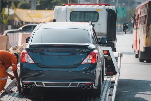 Car damaged crash from car accident on the road wait insurance in a city collision in Bangkok Road, accidents are a major problem of traffic in Thailand.