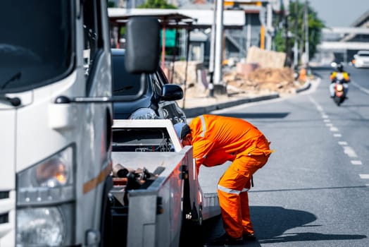 Car damaged crash from car accident on the road wait insurance in a city collision in Bangkok Road, accidents are a major problem of traffic in Thailand.