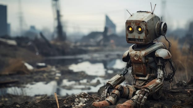 Destructions of World War. Artificial intelligence robot in a destroyed city. Fire, destruction and devastation. Old city