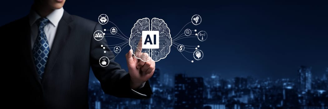 Human interact with AI artificial intelligence brain processor in concept of AI artificial intelligence engineering, big data and AI machine learning to use generative AI for business support. Faas