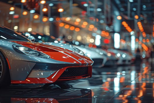 High-End Car Dealership with Sleek Models in Soft Lighting, The blurred edges of luxury vehicles hint at speed, design, and aspirational lifestyle.