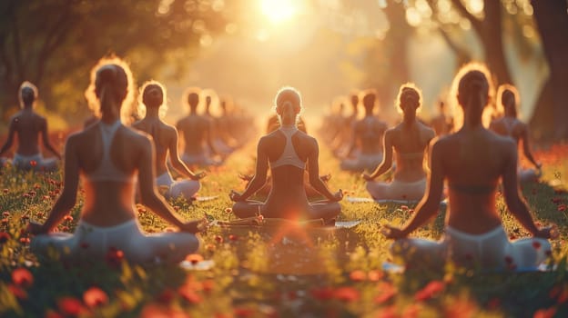 Serene Yoga Class in Session at a Sunlit Wellness Center, The tranquil blur of figures in poses against the morning light emphasizes balance and harmony.