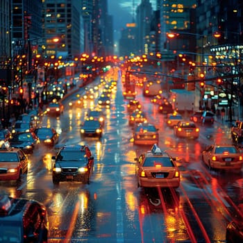 Nighttime City Traffic with Streaks of Headlights and Streetlights, The motion blur of lights suggests the pulse and flow of urban life after dark.