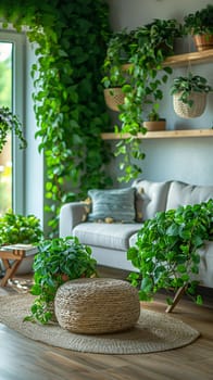 Sustainable Living Showcased in Bright, Eco-Friendly Home Interior, Blurred green plants and eco-decor suggest an environmentally conscious lifestyle.