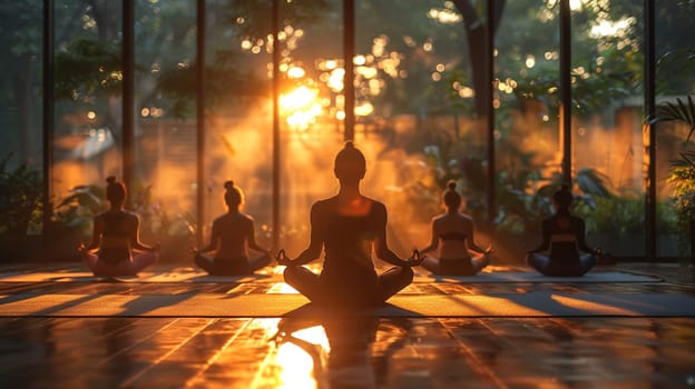 Serene Yoga Class in Session at a Sunlit Wellness Center, The tranquil blur of figures in poses against the morning light emphasizes balance and harmony.