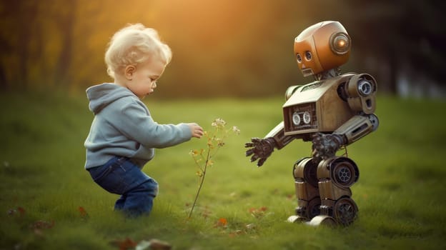 A little boy plays with a robot in a park in nature with artificial intelligence, future technology. Internet and digital technologies. Global network. Integrating technology and human interaction. Chat bot. Digital technologies of the future