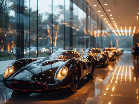 High-End Car Dealership with Sleek Models in Soft Lighting, The blurred edges of luxury vehicles hint at speed, design, and aspirational lifestyle.
