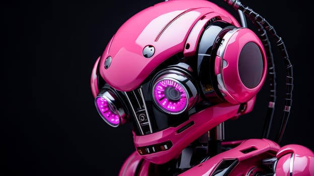 Evil pink robot with artificial intelligence, future technology on a black background. Internet and digital technologies. Global network. Integrating technology and human interaction. Chat bot. Digital technologies of the future