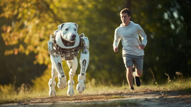 Cyborg dog robot runs with his owner, walking animals on the street with artificial intelligence, future technologies. Internet and digital technologies. Global network. Integrating technology and human interaction. Digital technologies