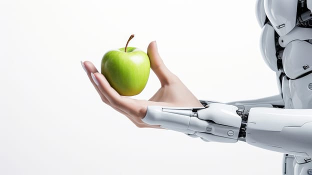 A green apple in the hand of a robot on a white background with artificial intelligence, future technologies. Internet and digital technologies. Global network. Integrating technology and human interaction. Digital technologies