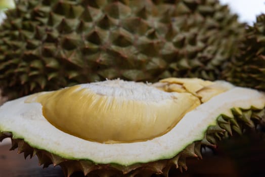 Durian is a king of fruit in Thailand and asia fruit have a spikes shell and sweet can buy at Thai street food and fruit market at agriculture farm