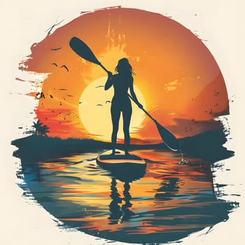 At sunset, a woman is happily standing on a paddle board in the water, surrounded by a beautiful circle of tints and shades, creating a symmetrical and artistic scene filled with fun