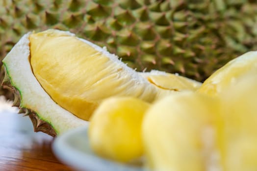 Durian is a king of fruit in Thailand and asia fruit have a spikes shell and sweet can buy at Thai street food and fruit market at agriculture farm