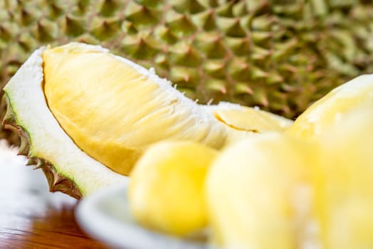 Durian is a king of fruit in Thailand and asia fruit have a spikes shell and sweet can buy at Thai street food and fruit market at agriculture farm