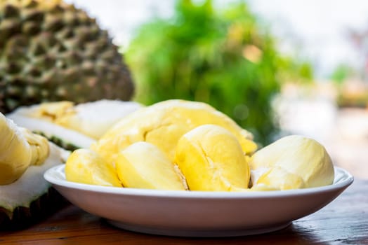 Durian is a king of fruit in Thailand and asia fruit have a spikes shell and sweet can buy at Thai street food and fruit market at agriculture farm